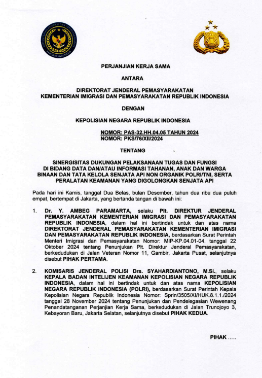 Perjanjian Kerja Sama Antara Direktorat Jenderal Pemasyarakatan Kementerian Imigrasi dan Pemasyarakatan dan Kepolisian Negara Republik Indonesia